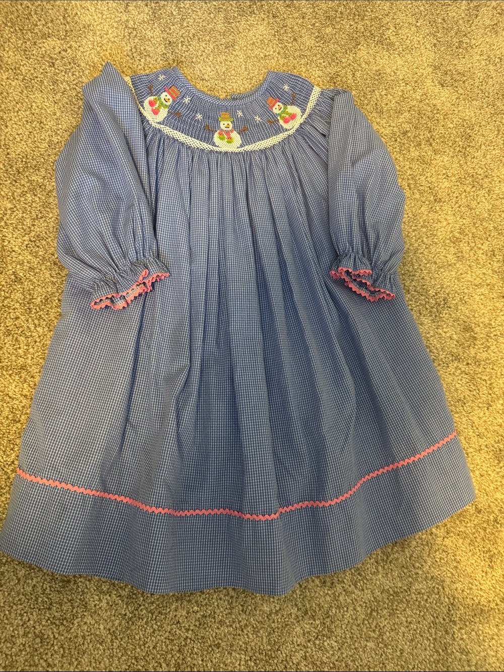 Girls Blue Gingham Smocked Snowman Dress